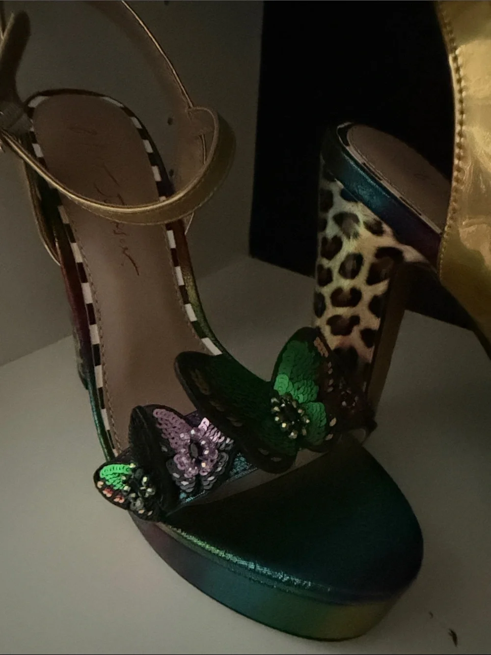 Betsey Johnson Multicolor Butterfly Platform Heels with Gold Ankle Straps